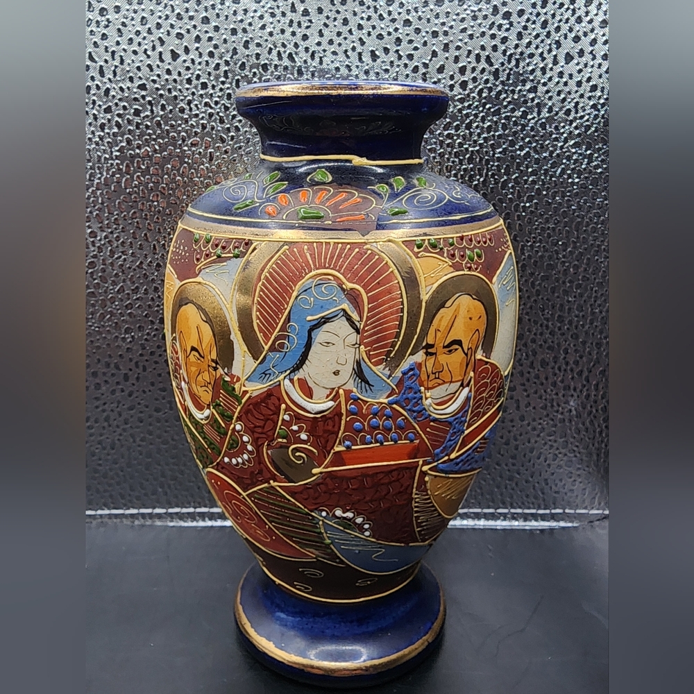 Vintage Japanese Satsuma Pottery Vase with Raised Enamels on a Blue Ground